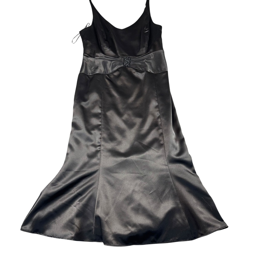 Sandra Darren Black Satin Beaded Bow Midi Dress Womens 12 Spaghetti Strap V-Neck
